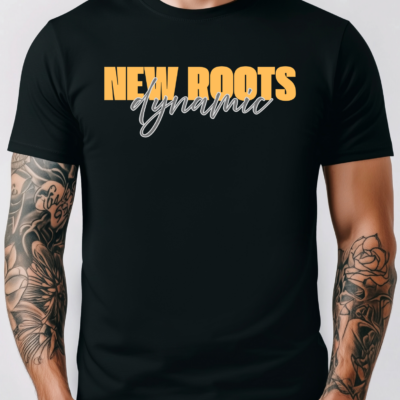New Roots Dynamic Precious Metals Tee | Typographic Script Logo, Minimal Retro Text Shirt