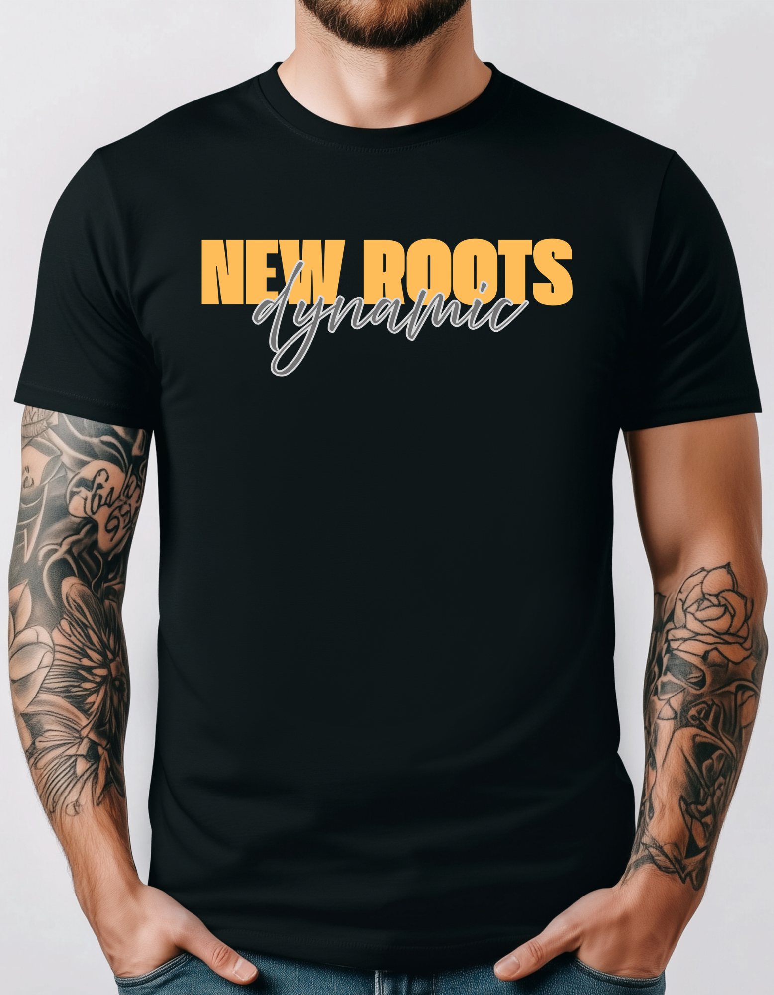 New Roots Dynamic Precious Metals Tee | Typographic Script Logo, Minimal Retro Text Shirt