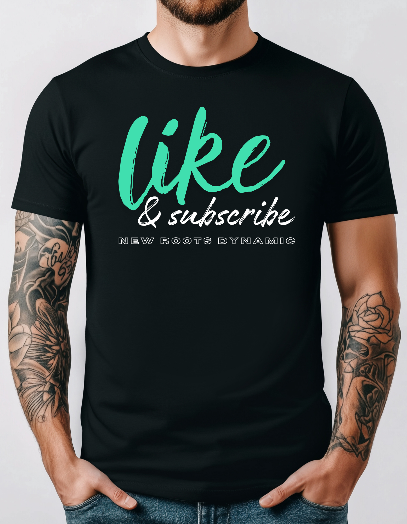 New Roots Dynamic Like & Subscribe Tee | Social Media Typography Shirt, YouTuber Merch