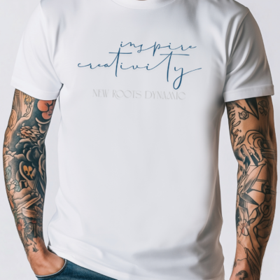New Roots Dynamic Inspire Creativity T-Shirt | minimalist calligraphy top, creative serenity tee