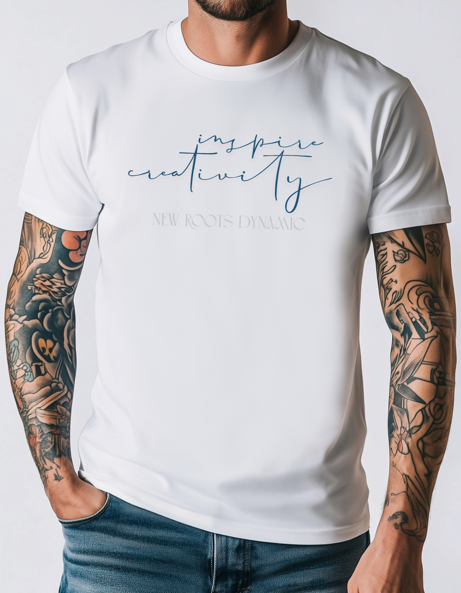 New Roots Dynamic Inspire Creativity T-Shirt | minimalist calligraphy top, creative serenity tee