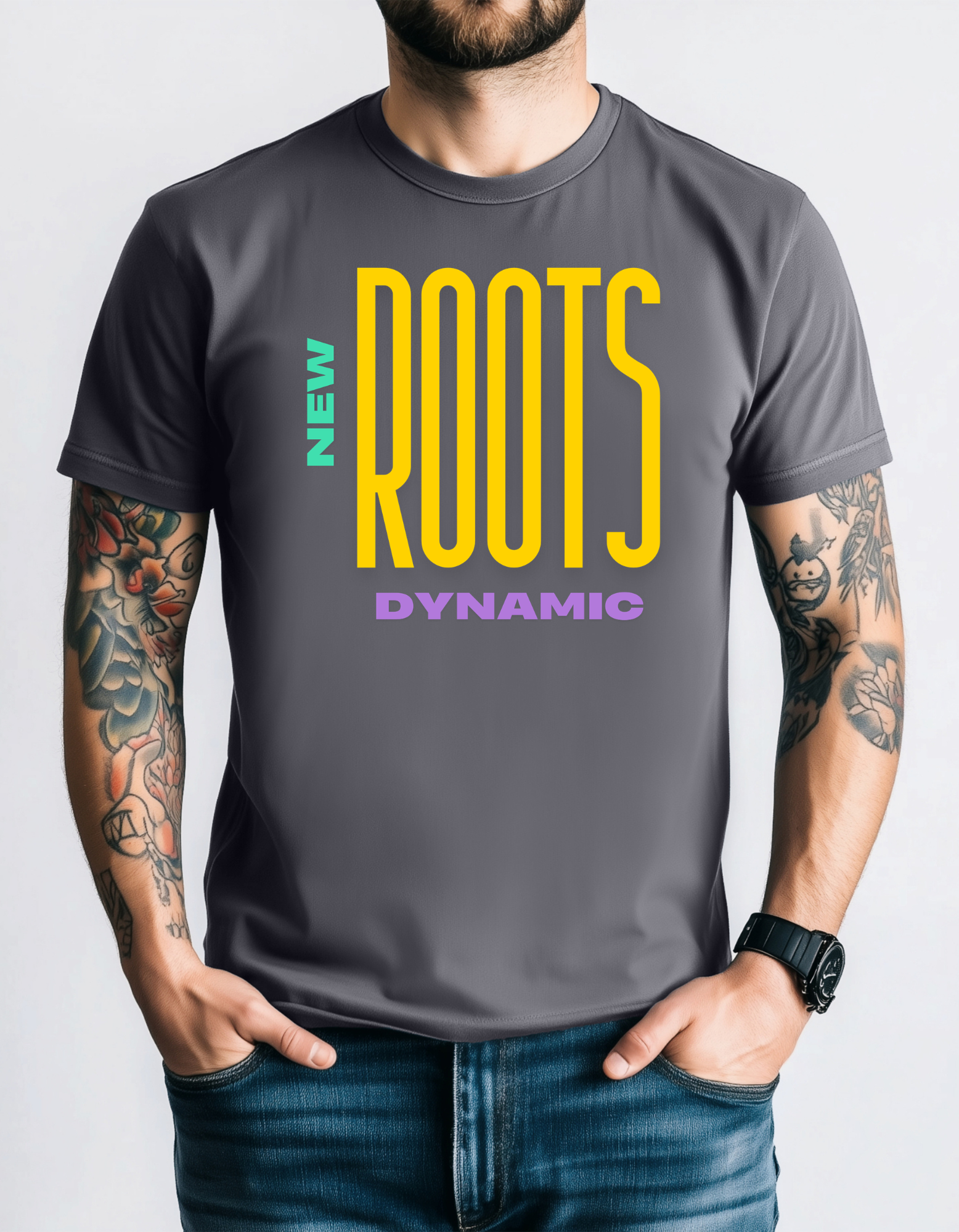 New Roots Dynamic T-Shirt | Retro Bold Typography, Colorblock Logo