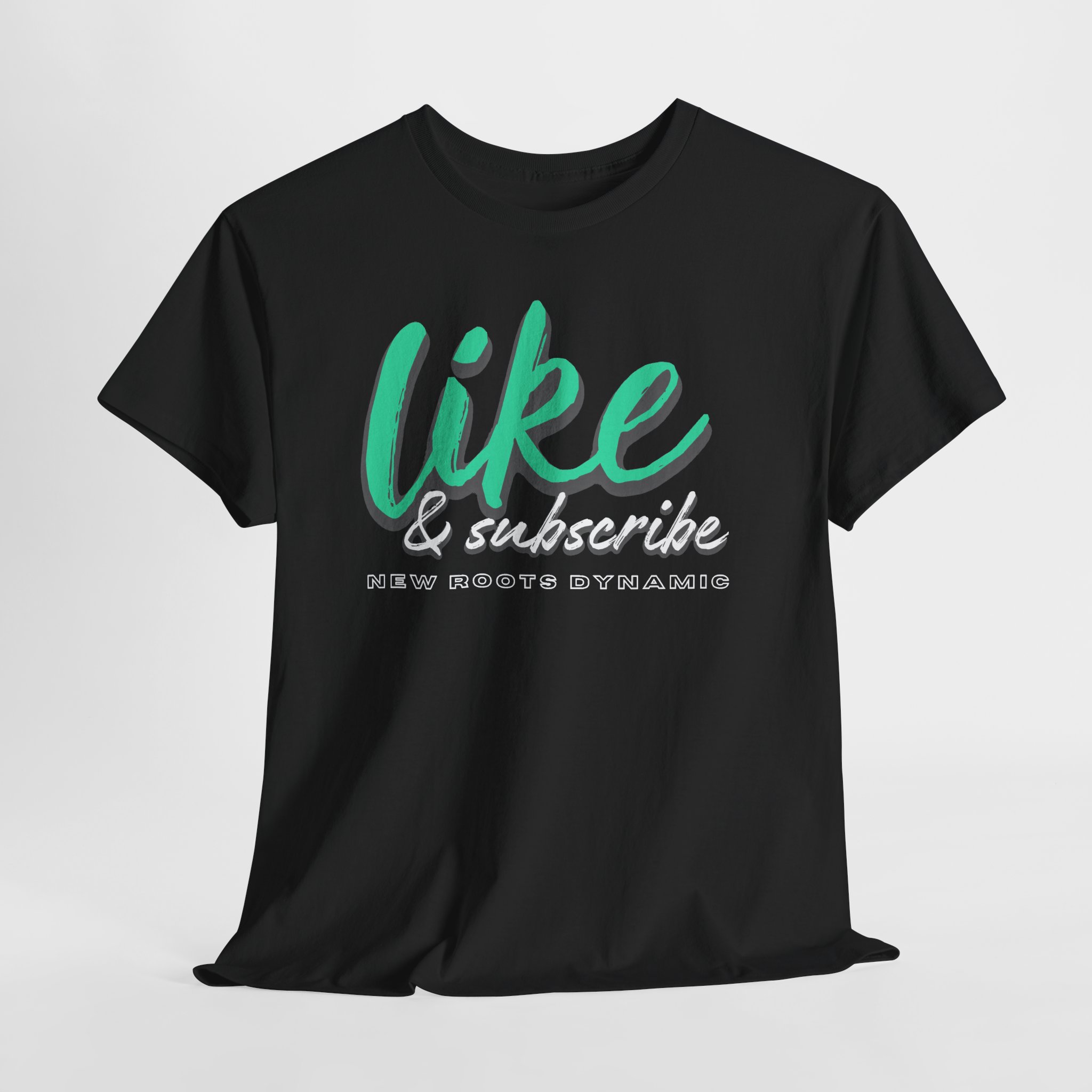 New Roots Dynamic Like & Subscribe Tee | Social Media Typography Shirt, YouTuber Merch - Image 4